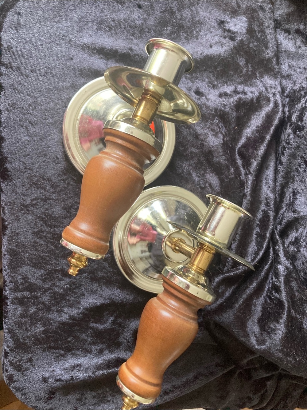 Brass & Faux Wood Wall Candle Sconces - Pair
